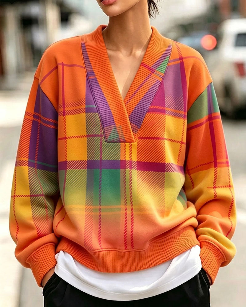 V-Neck Plaid Casual Sweatshirt
