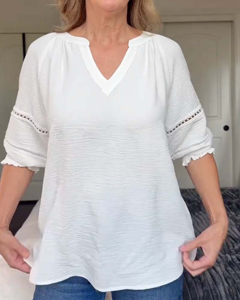 V-Neck Cutout Ruffle Solid Blouse