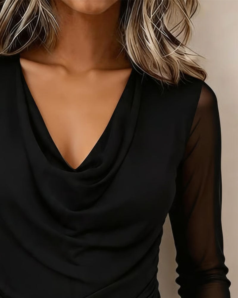 Draped Collar See-Through Mesh Long-Sleeved Top