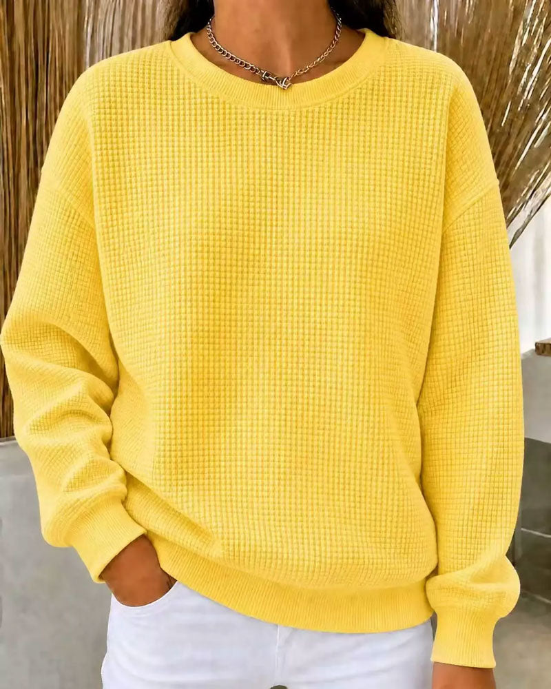 Waffle Knit Solid Crewneck Top