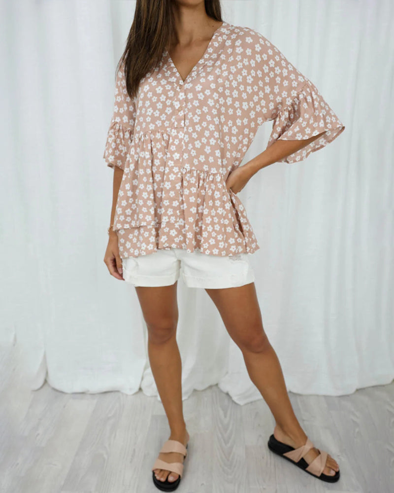 V-neck trumpet sleeves floral blouse