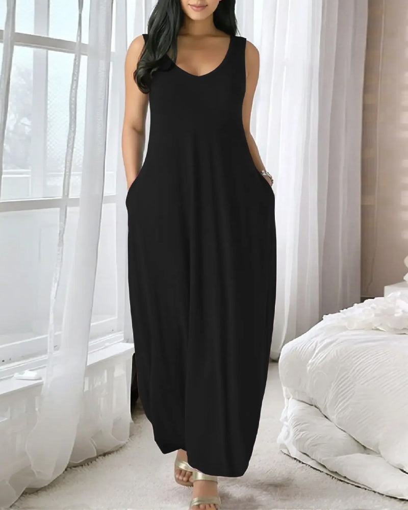 V-Neck Pocket Loose Tank Long Dress