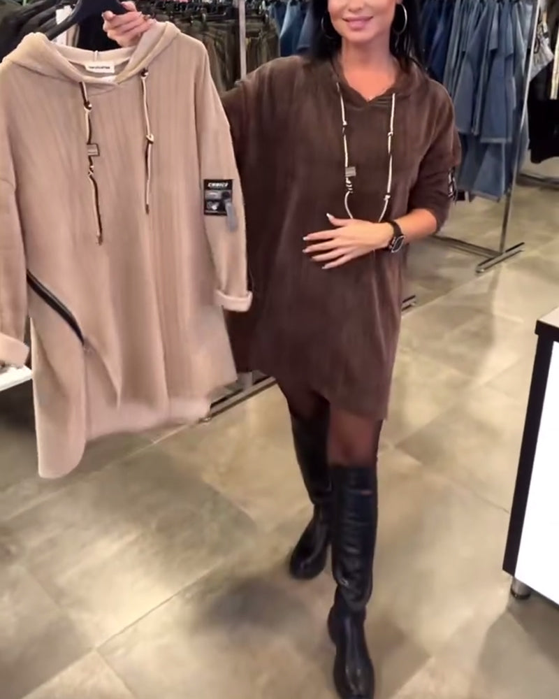 Solid Color Long-Sleeved Hooded Dress