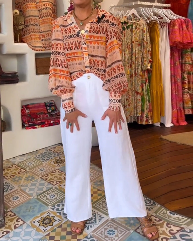 Lapel retro printed shirt