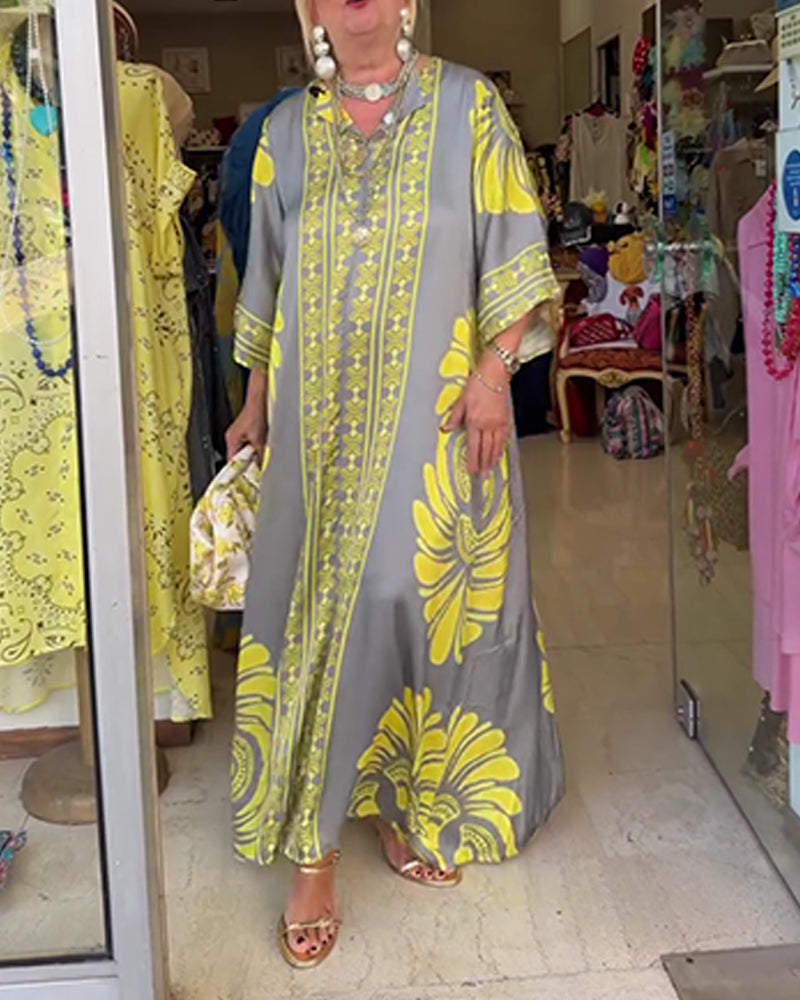 Half Sleeve Print Long Robe Dress
