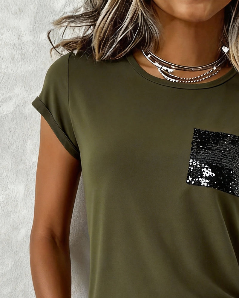 Crew Neck Sequined Solid Color T-Shirt