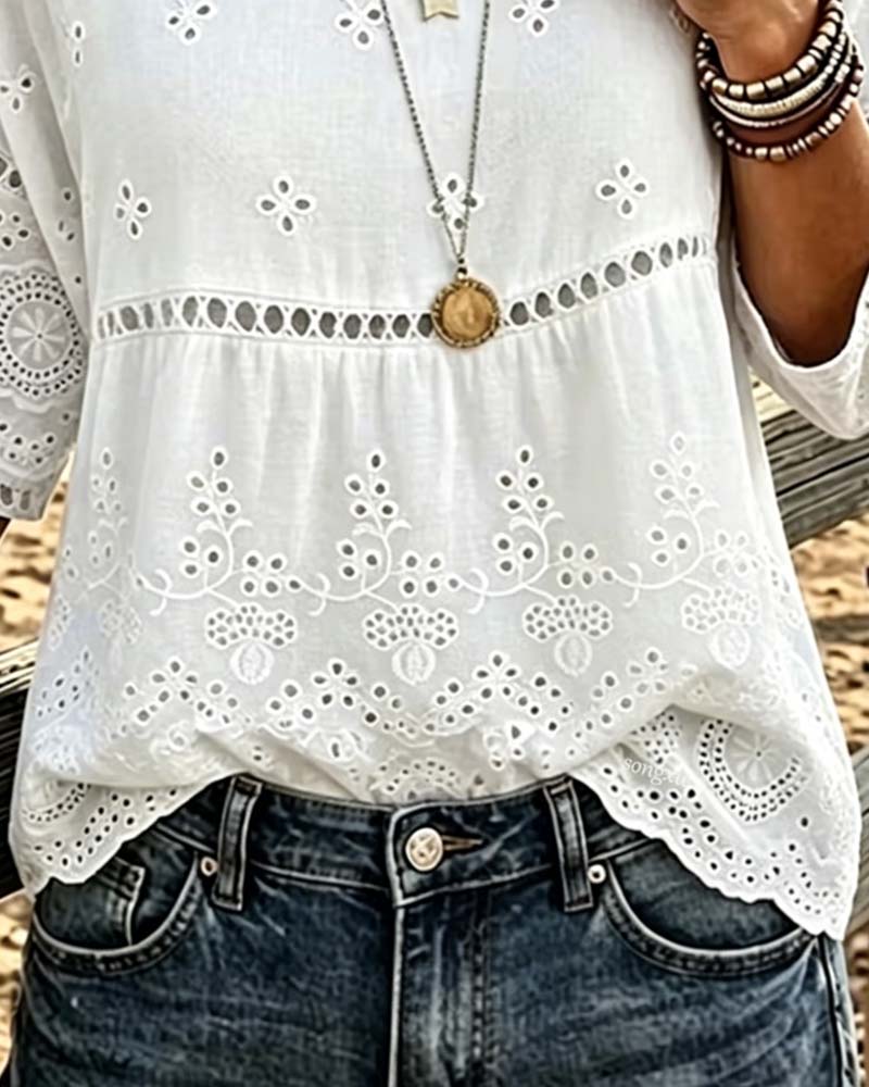 Crew Neck Hollow Out Solid Blouse