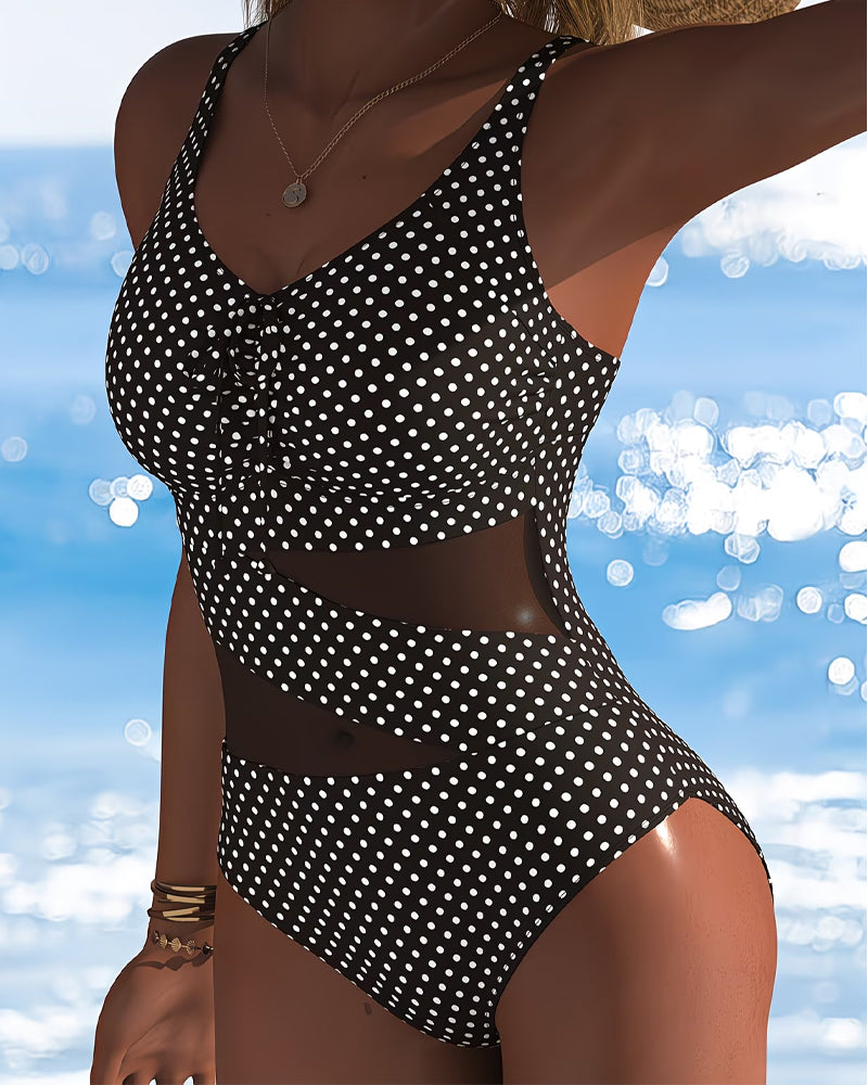 Polka Dot Tie Mesh Patchwork One-Piece