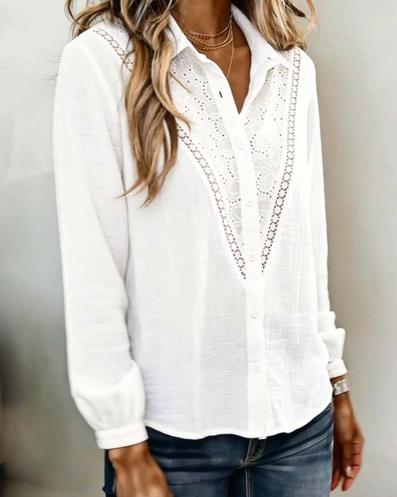 Hollowed-Out Lapel Patchwork Shirt