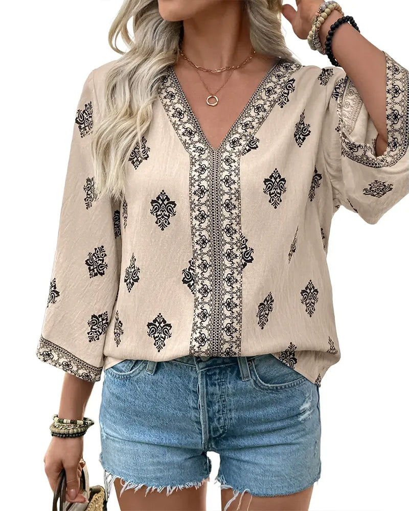V-Neck Ethnic Loose Blouse
