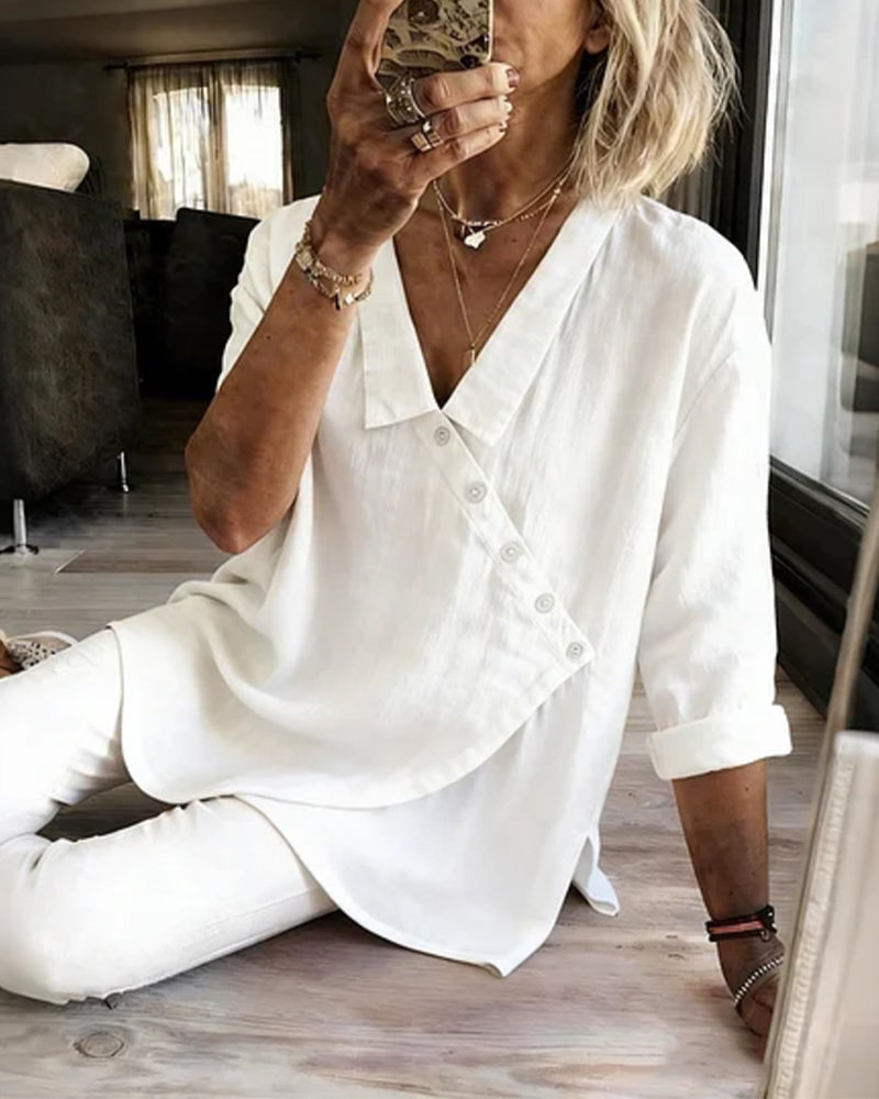 Asymmetrical Diagonal-Placket Collared Blouse