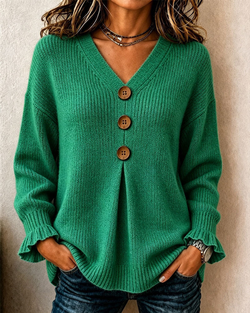V-Neck Button Pullover Sweater