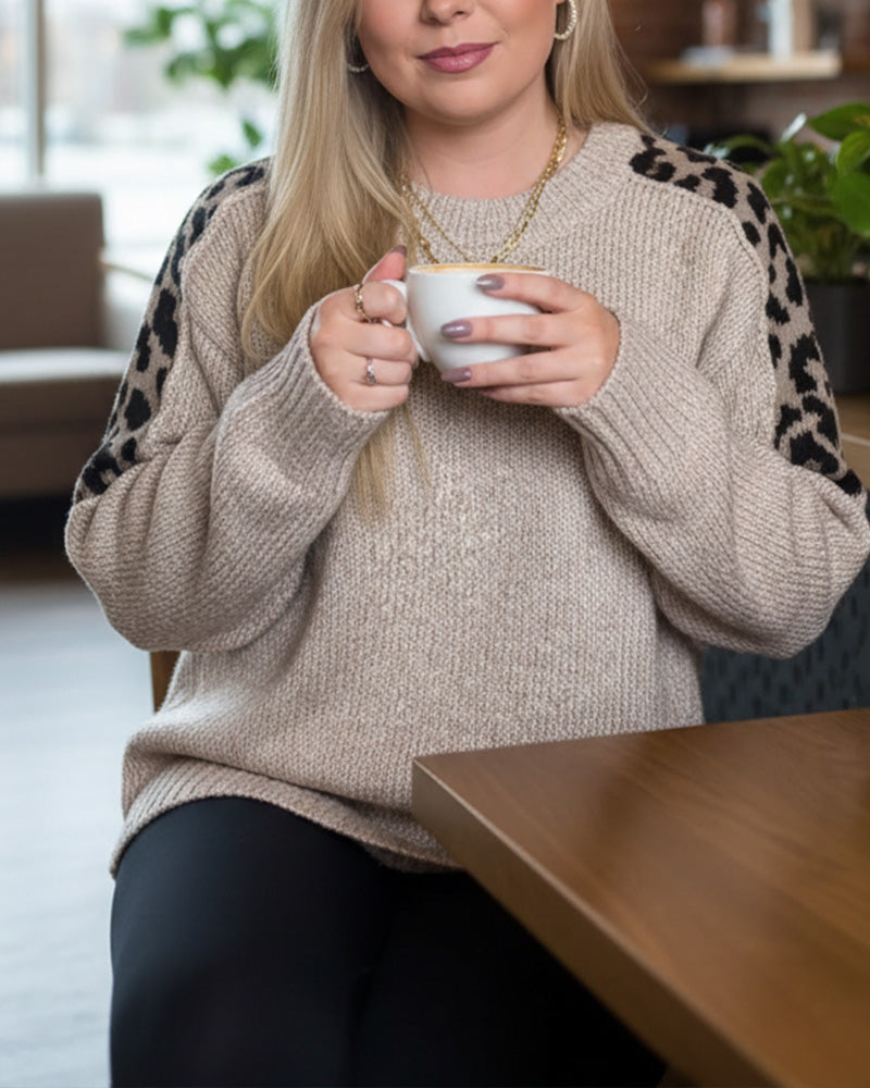 Casual Round Neck Leopard Print Patchwork Pullover