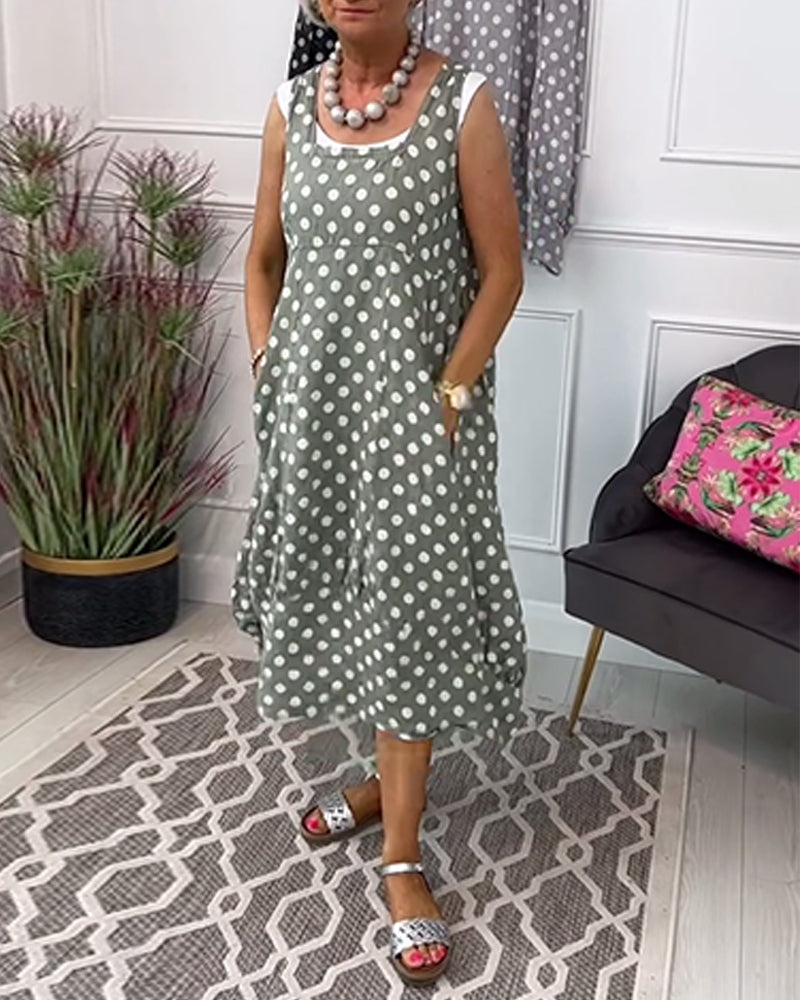 Sleeveless polka dot print casual dress
