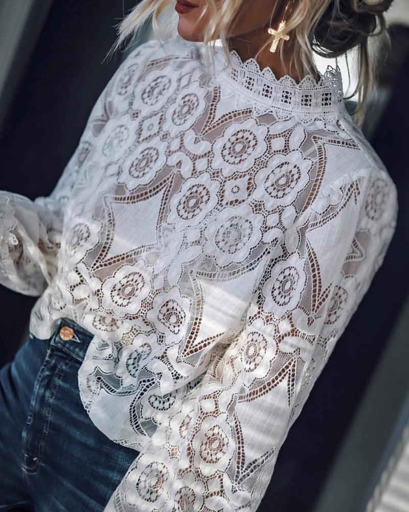 Sexy See-Through Long-Sleeved Stand-Collar Lace Blouse