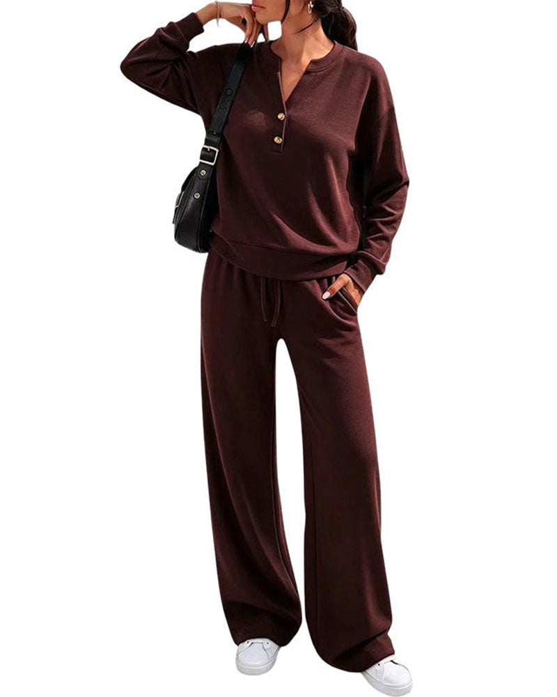 Long Sleeve Top Wide-Leg Pants Set