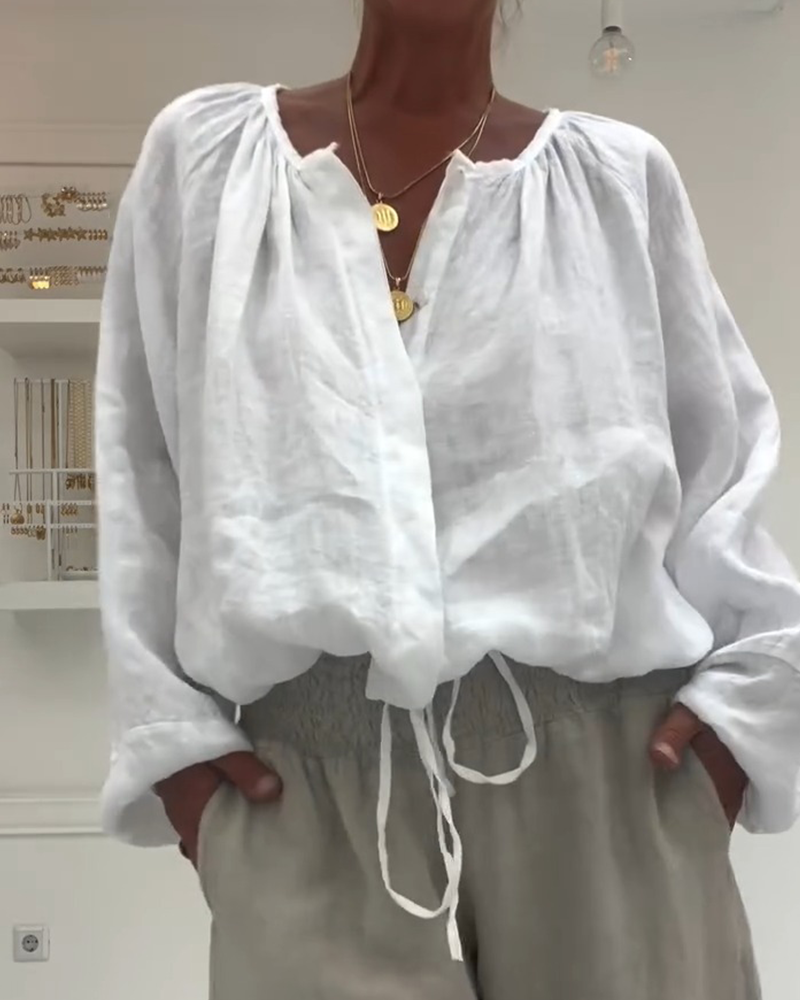 Long Sleeve Smocked Tie Blouse