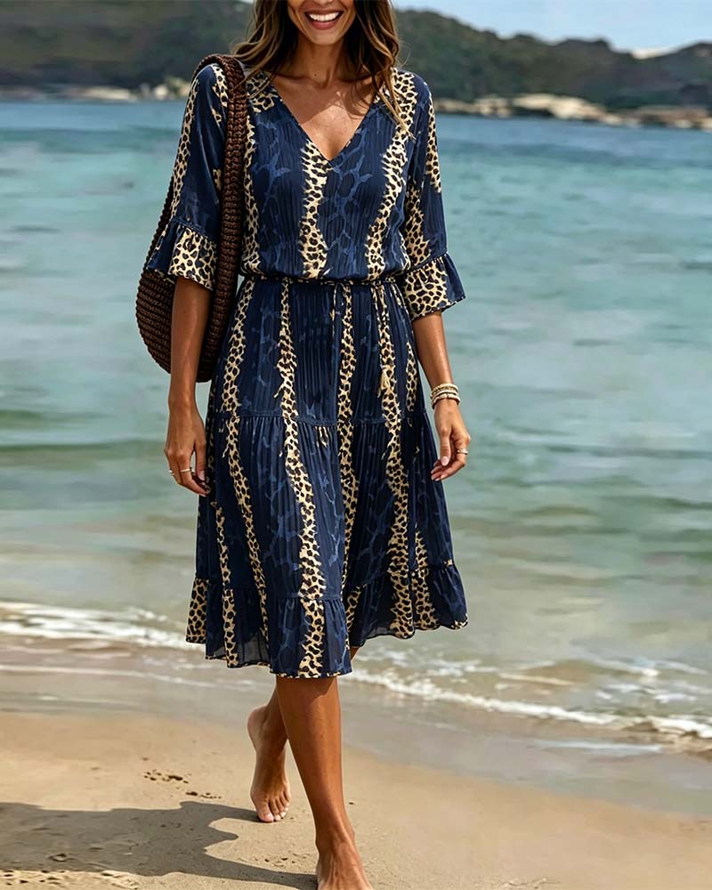 V-Neck Leopard Patchwork Midi Vacation Dress
