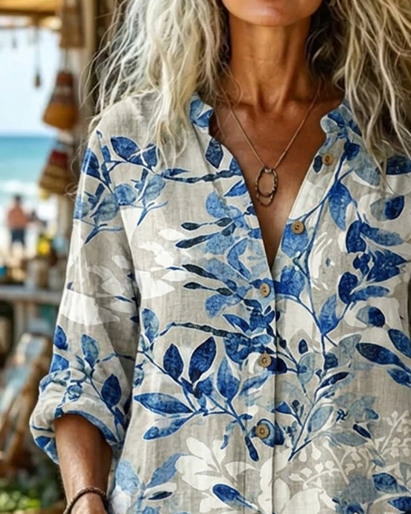 Stand-Collar Ink Painting Floral Blouse