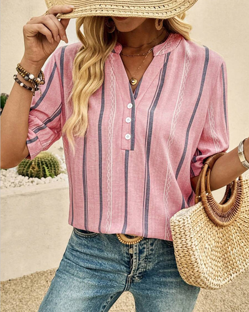 V-Neck Casual Striped Blouse