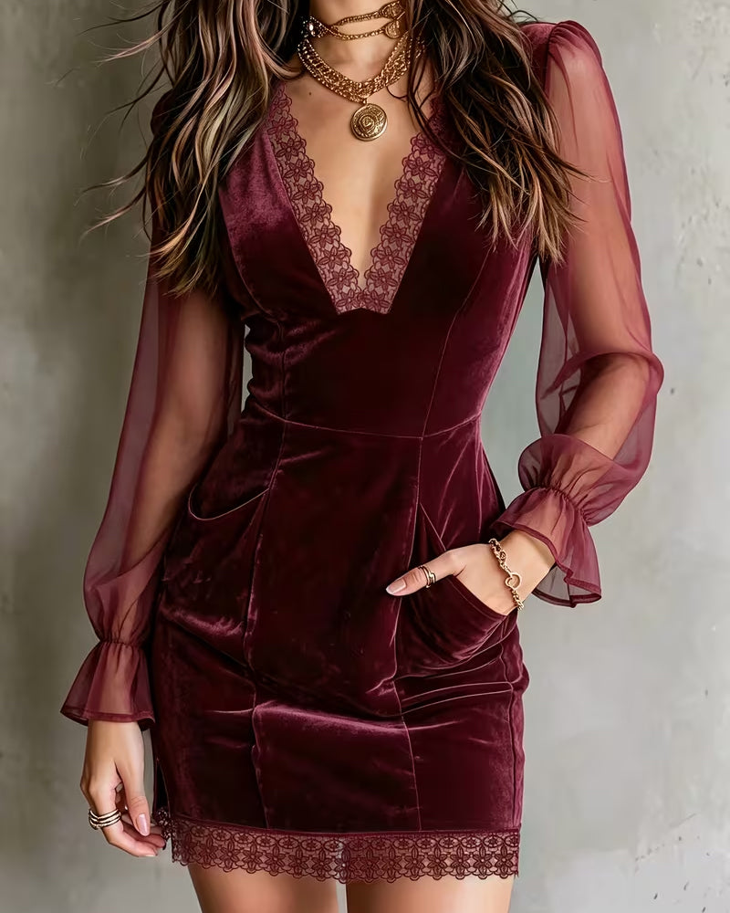 V-Neck Slim Fit Lace Patchwork Dress