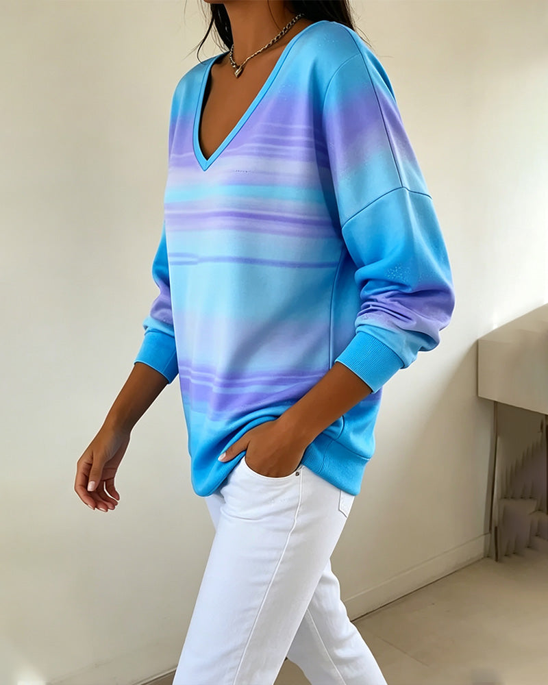 V-Neck Long Sleeve Ombre Sweatshirts