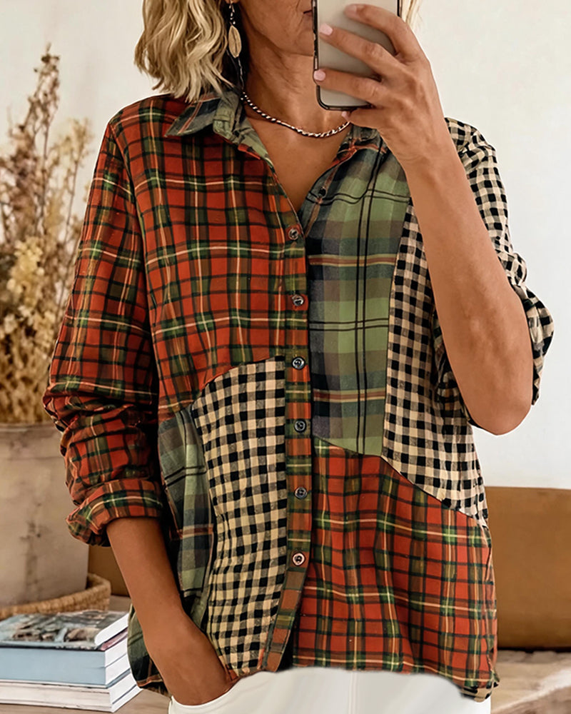 Lapel Color Block Plaid Long Sleeve Shirt