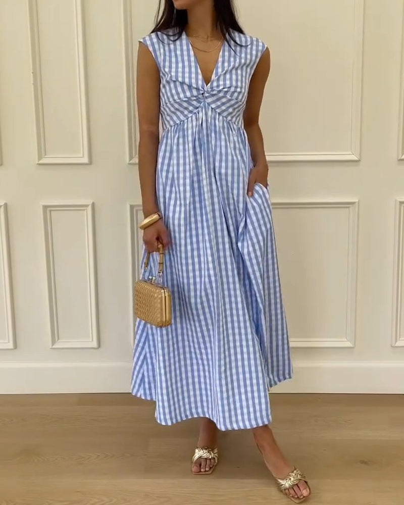 V-Neck Twisted Plaid Maxi Dress