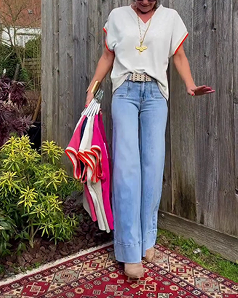 Loose V-Neck Color-Block T-Shirt