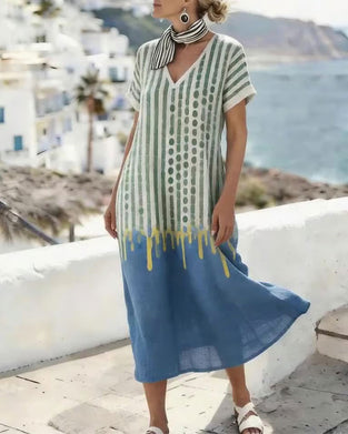 V-Neck Polka Dot Stripe Contrast Color Dress