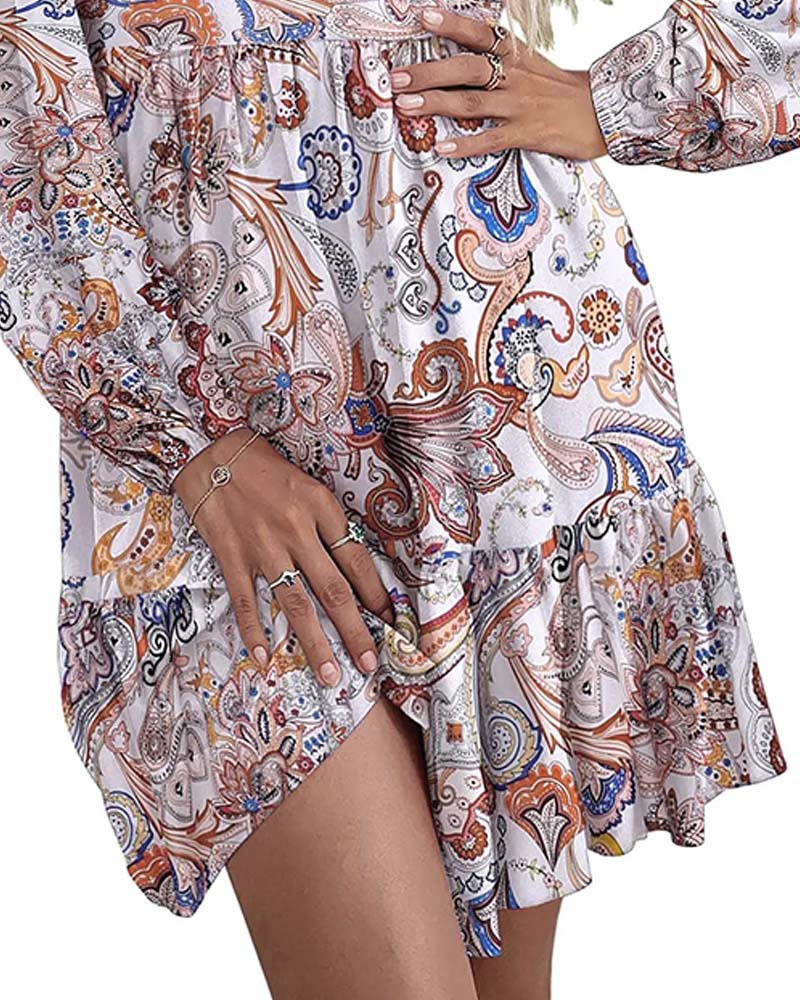 V-Neck Long Sleeve Bohemian Dress