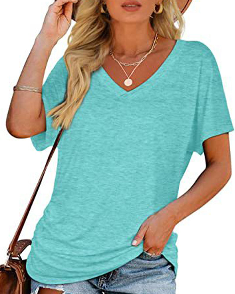 Pleated Solid Color V-Neck T-Shirt