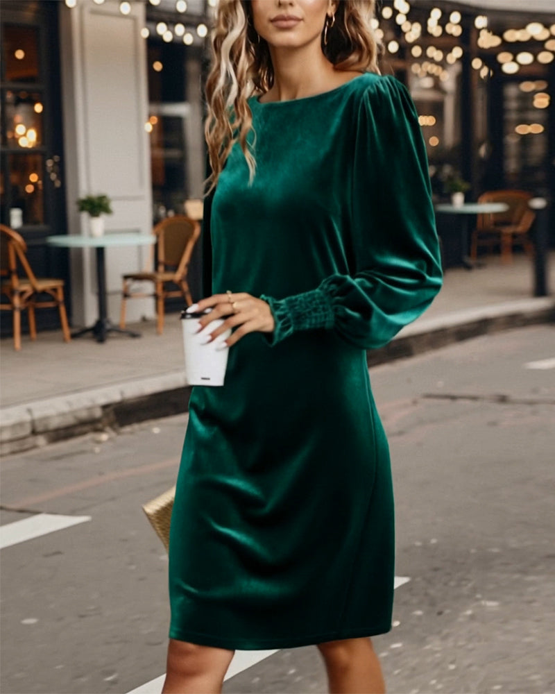 Puff Sleeve Boat Neck Velvet Dress