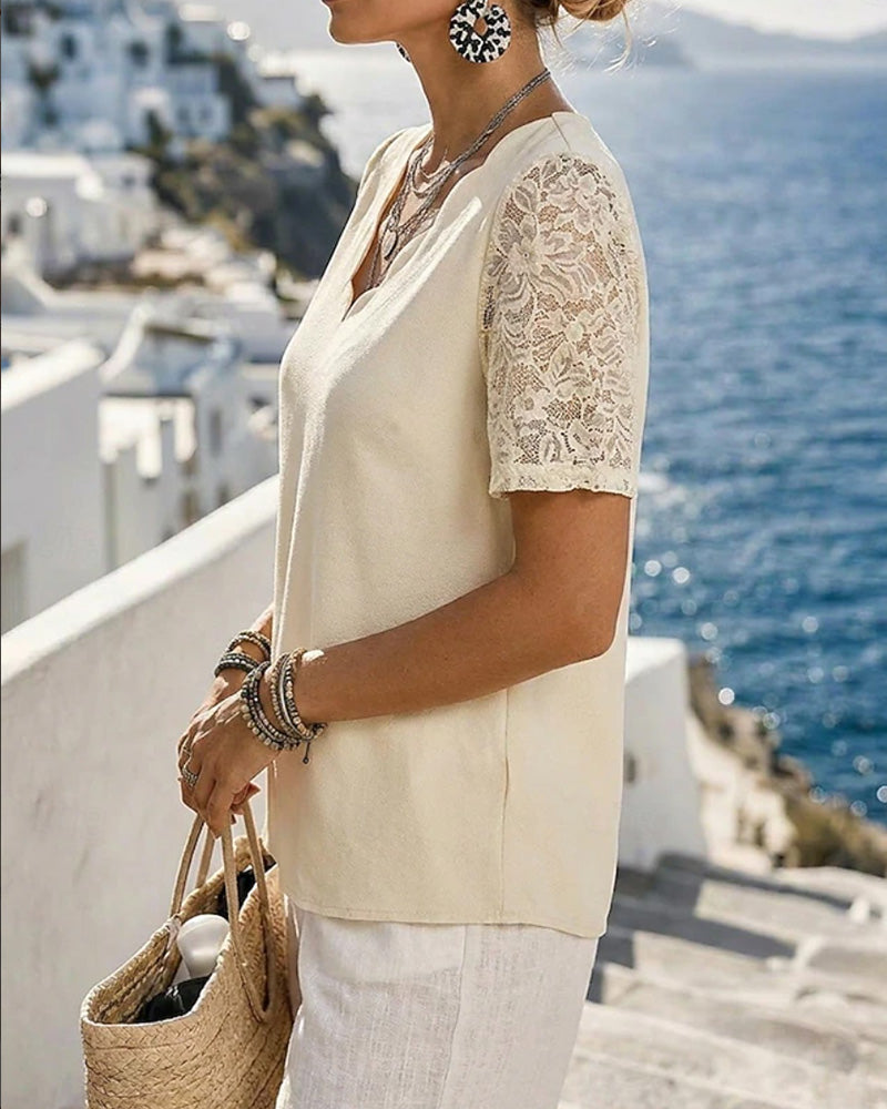 V-Neck Lace Patchwork Solid Blouse