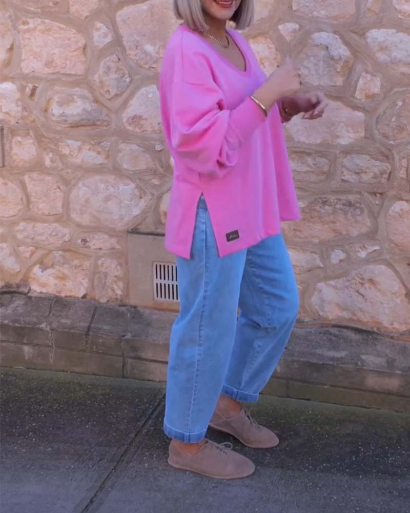V-Neck Solid Color Sweatshirt
