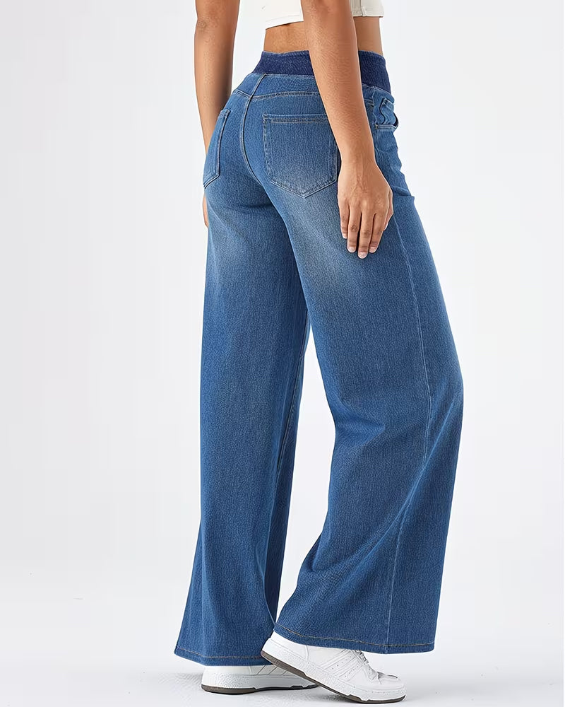 Stretch-Waist Straight Denim Pants