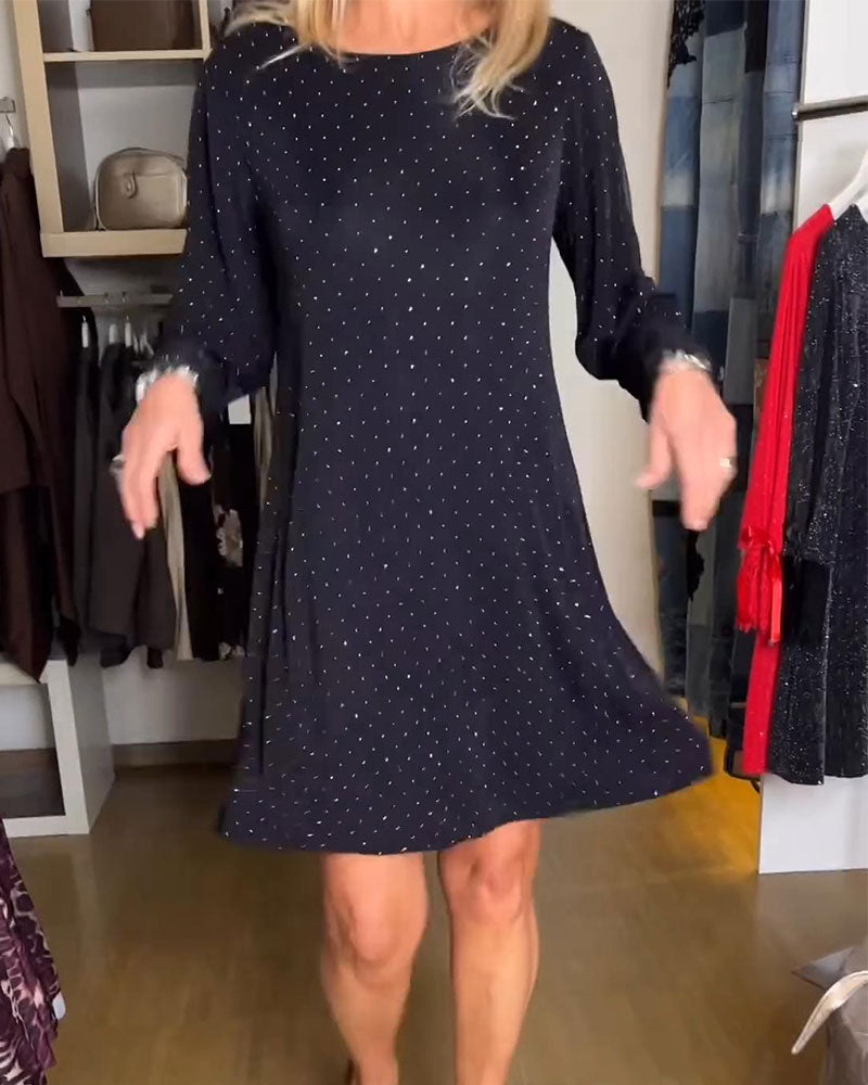 Solid Color Patchwork Shimmering Round Neck Dress