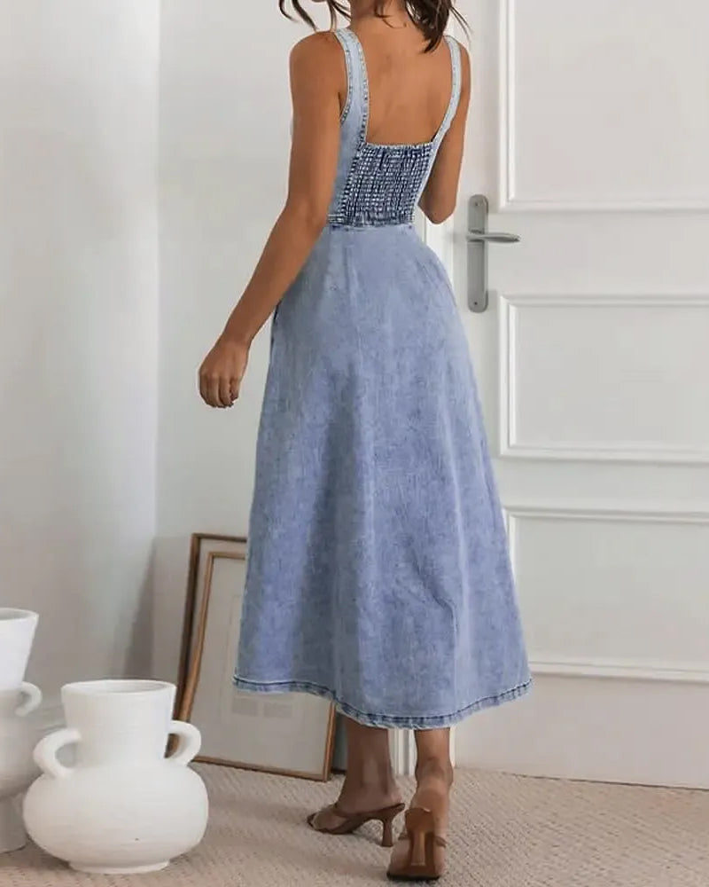 Spaghetti Strap Button Waist-Cinched Denim Dress