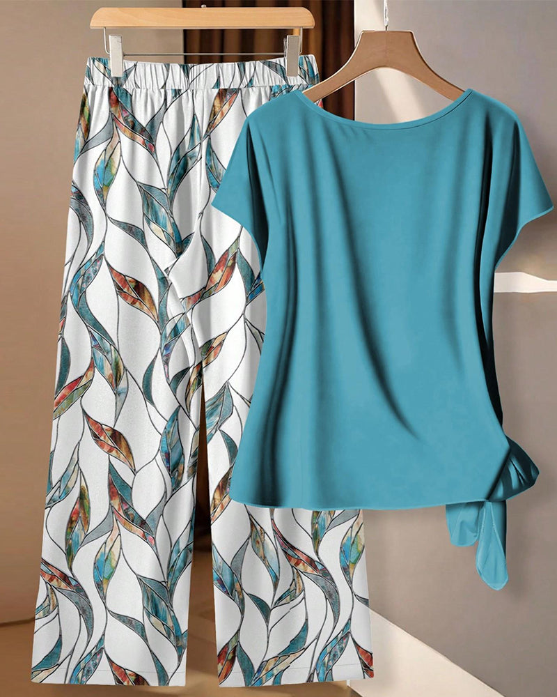 Knot Blouse Print Wide-Leg Pants Set