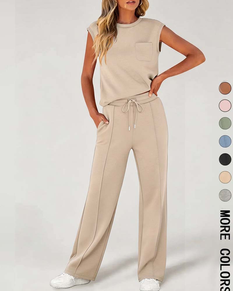 Solid Sleeveless Short Sleeve Casual Set