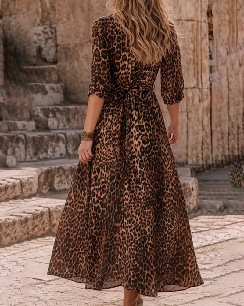 Leopard Print A-Hem Strappy Long Dress