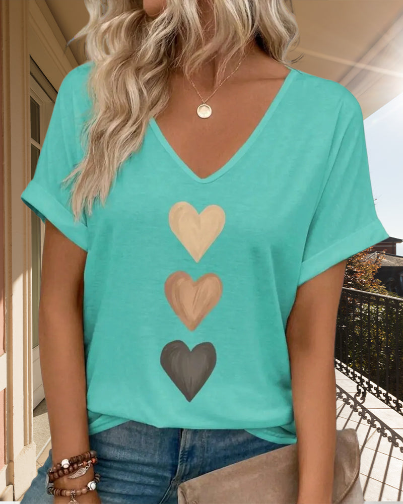 V-Neck Heart Print T-Shirt