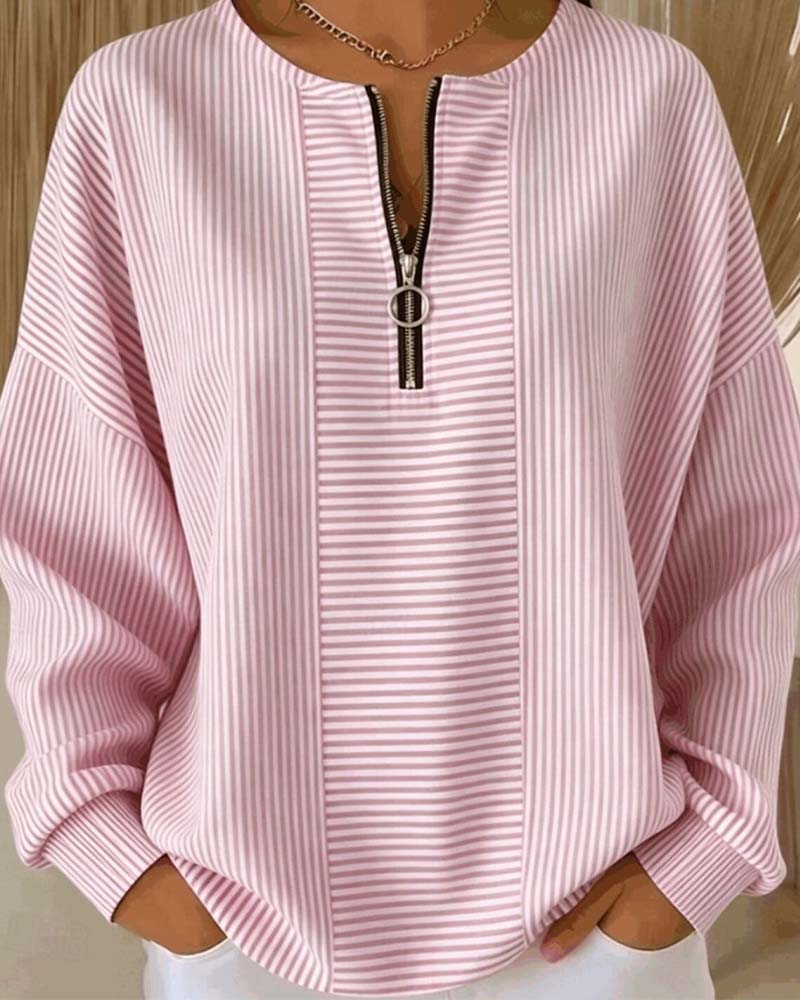 Half-Zip Long-Sleeve Striped Blouse