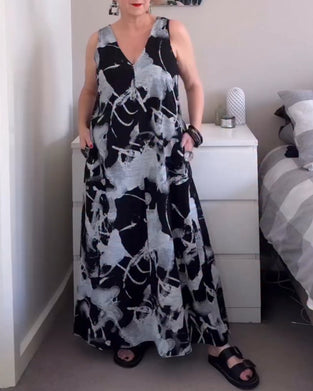 V-Neck Retro Print Sleeveless Dress