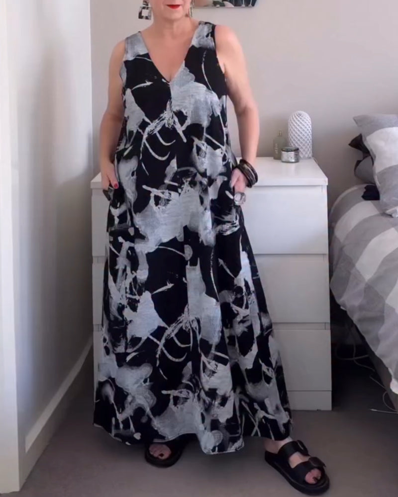 V-Neck Retro Print Sleeveless Dress