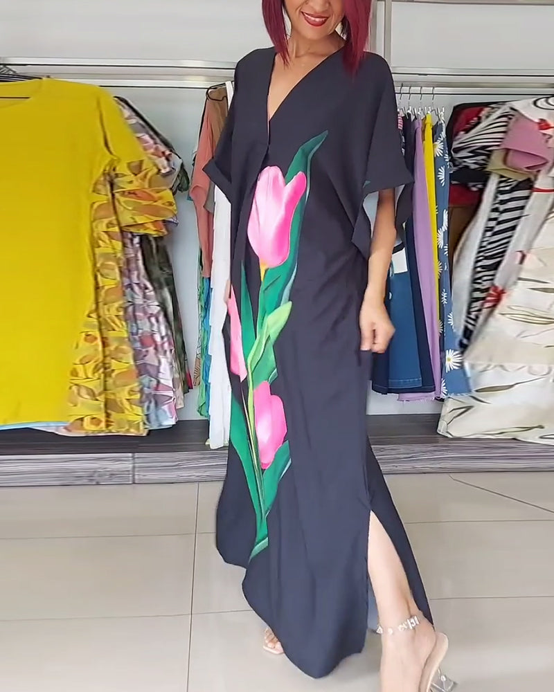 Floral print V-neck slit long dress