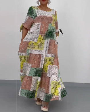 Loose round neck square print long dress