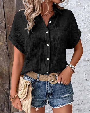 Textured Pleated Short Sleeve Lapel Shirt