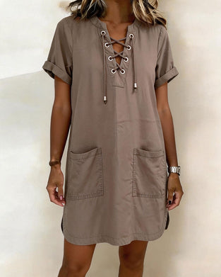 Tie V Neck Pocket Sheath Dress