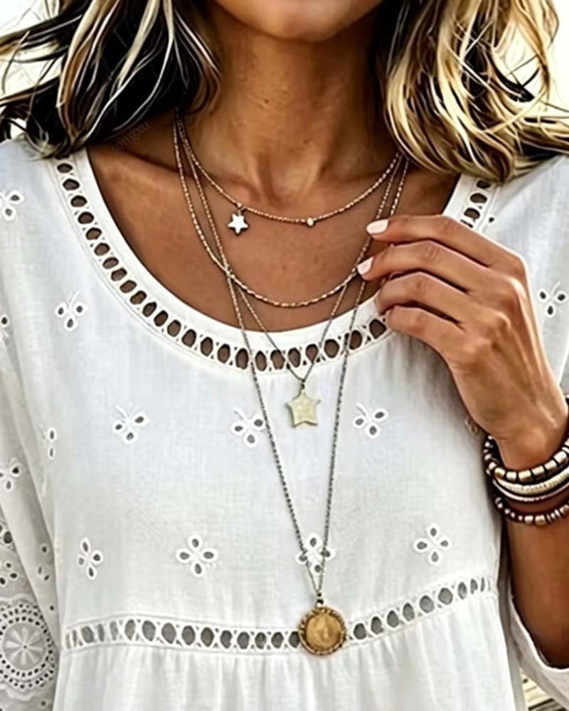 Crew Neck Hollow Out Solid Blouse